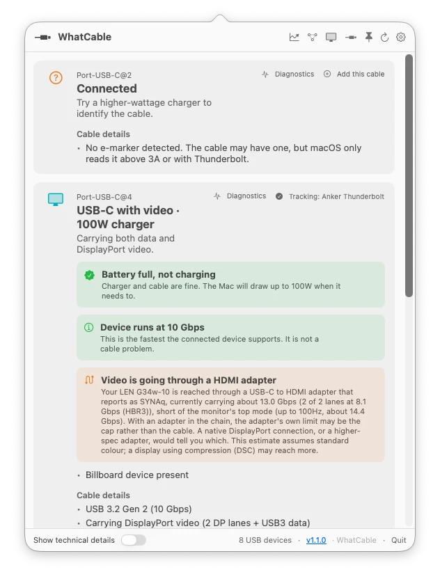 WhatCable showing a USB-C cable diagnosis on a Mac
