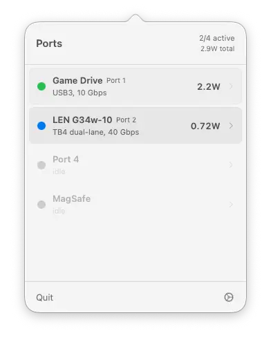 WhatPort showing live USB-C port activity on a Mac
